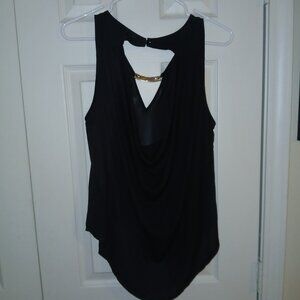 Meraki Black Sleeveless Drape Neck Blouse with Gold Bar Detail - Size Medium